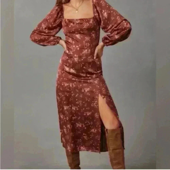 Vici Dresses & Skirts - Vici Women's Floral‎ Square Neckline Puff Sleeve Midi Slit Brown Pretty Dress S